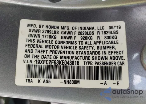 2019 Honda Civic Lx from USA, damaged, VIN 19XFC2F63KE043816